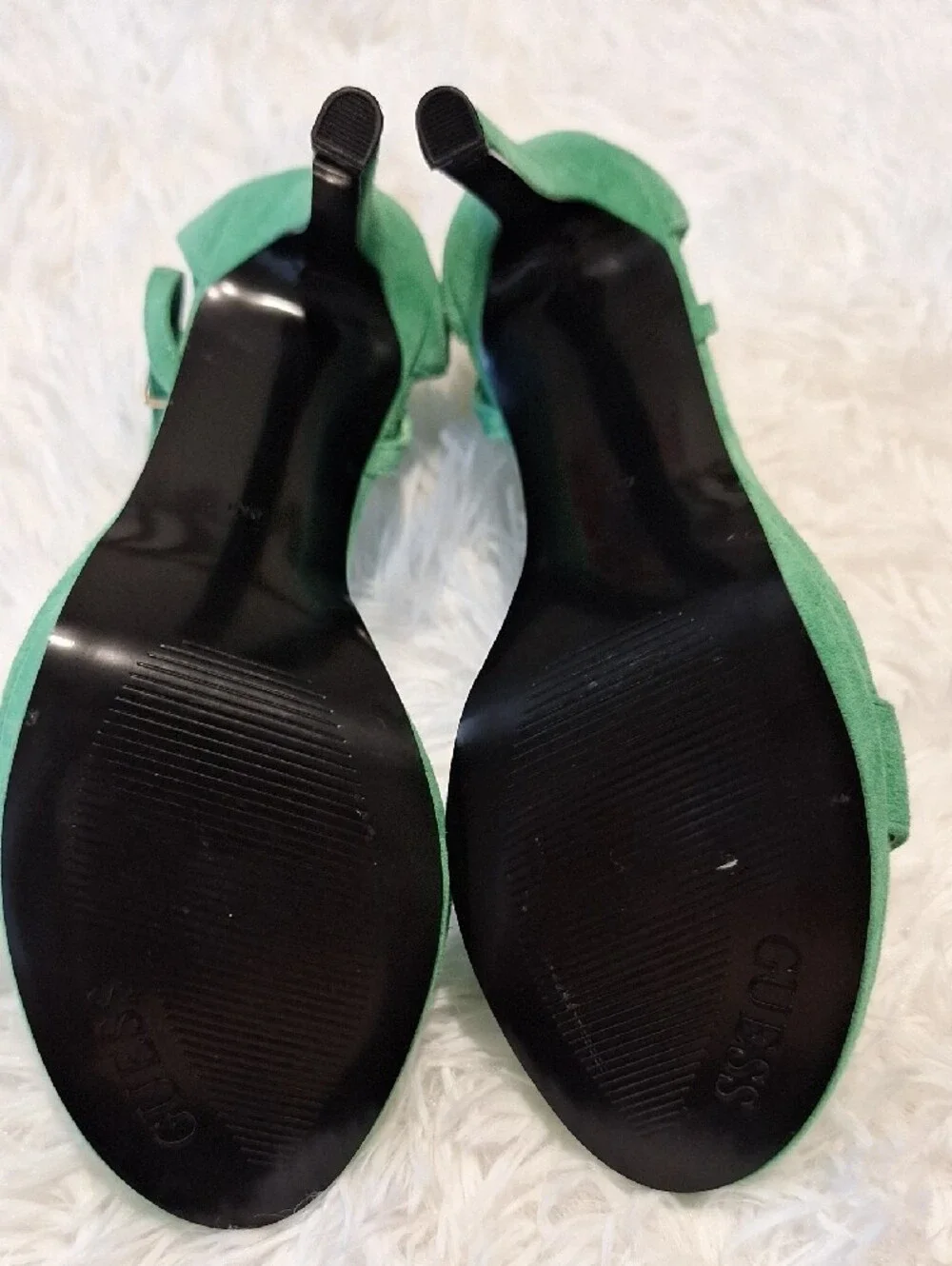 GUESS Green Suede T-Strap Block Heel Sandals